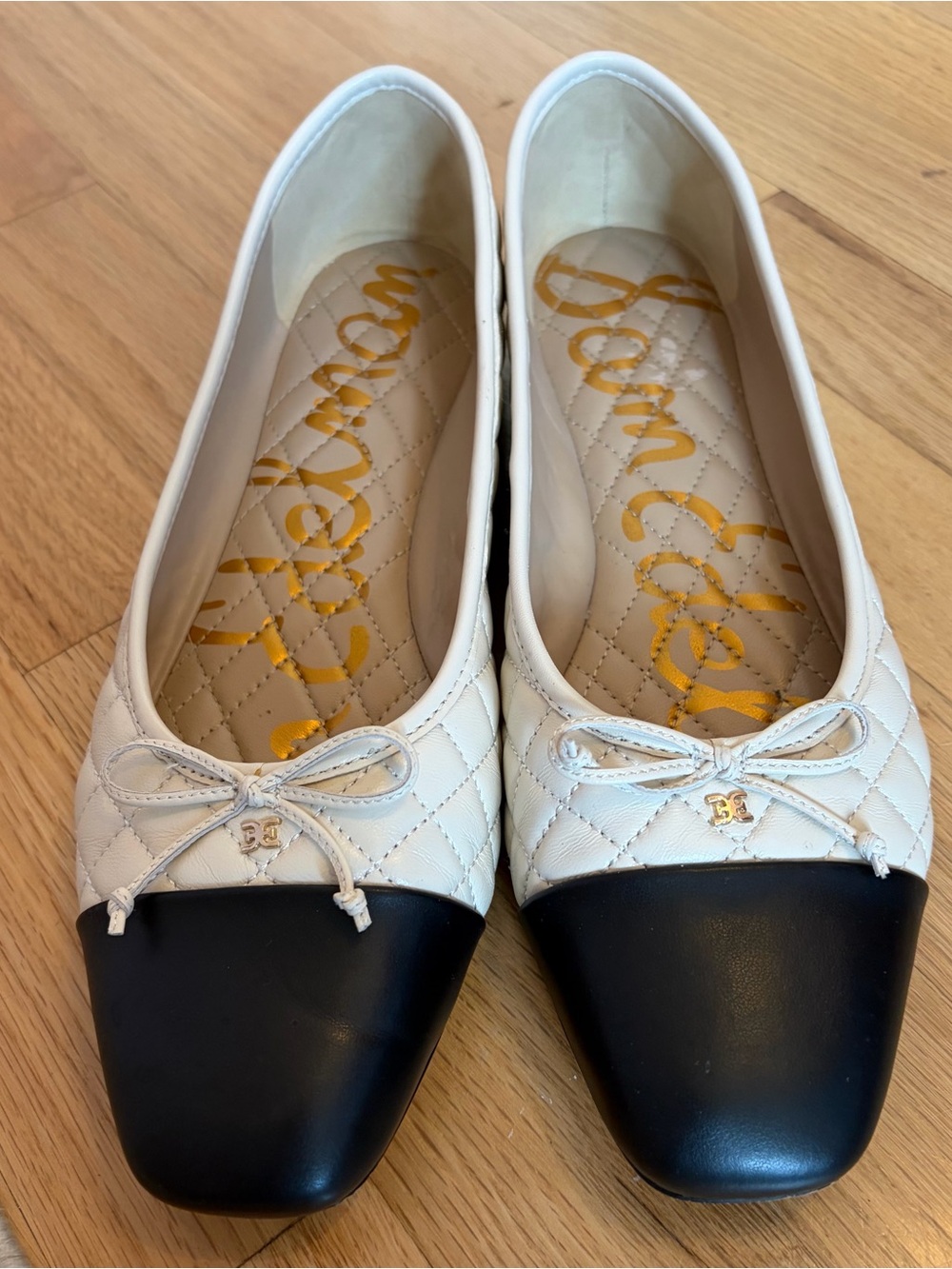 Sam Edelman White Quilted Leather Flats with Black Cap Toe